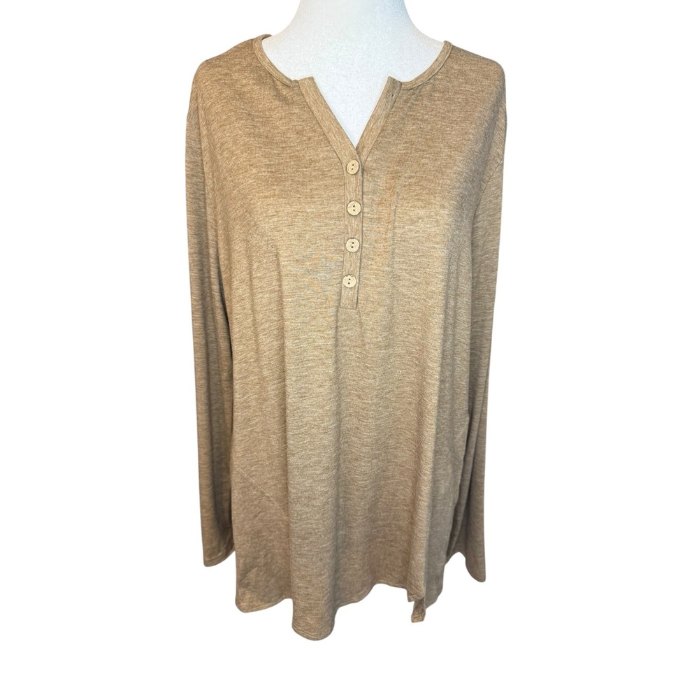 Cupshe Women XL Tan Marled Long Sleeve Henley Split Neck Top CAA04C3H008YY